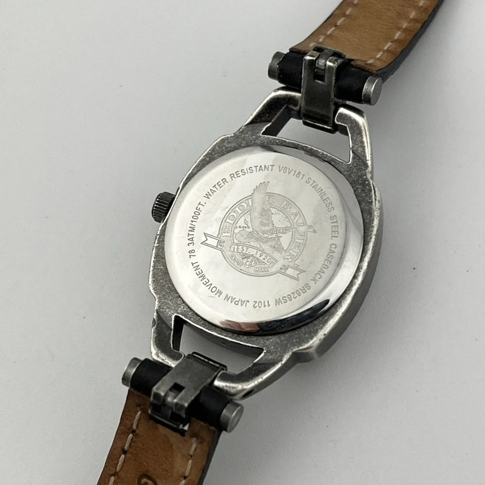 Eddie Bauer Watch Women 23mm Case Black Leather Band V8V181- New‎ Battery